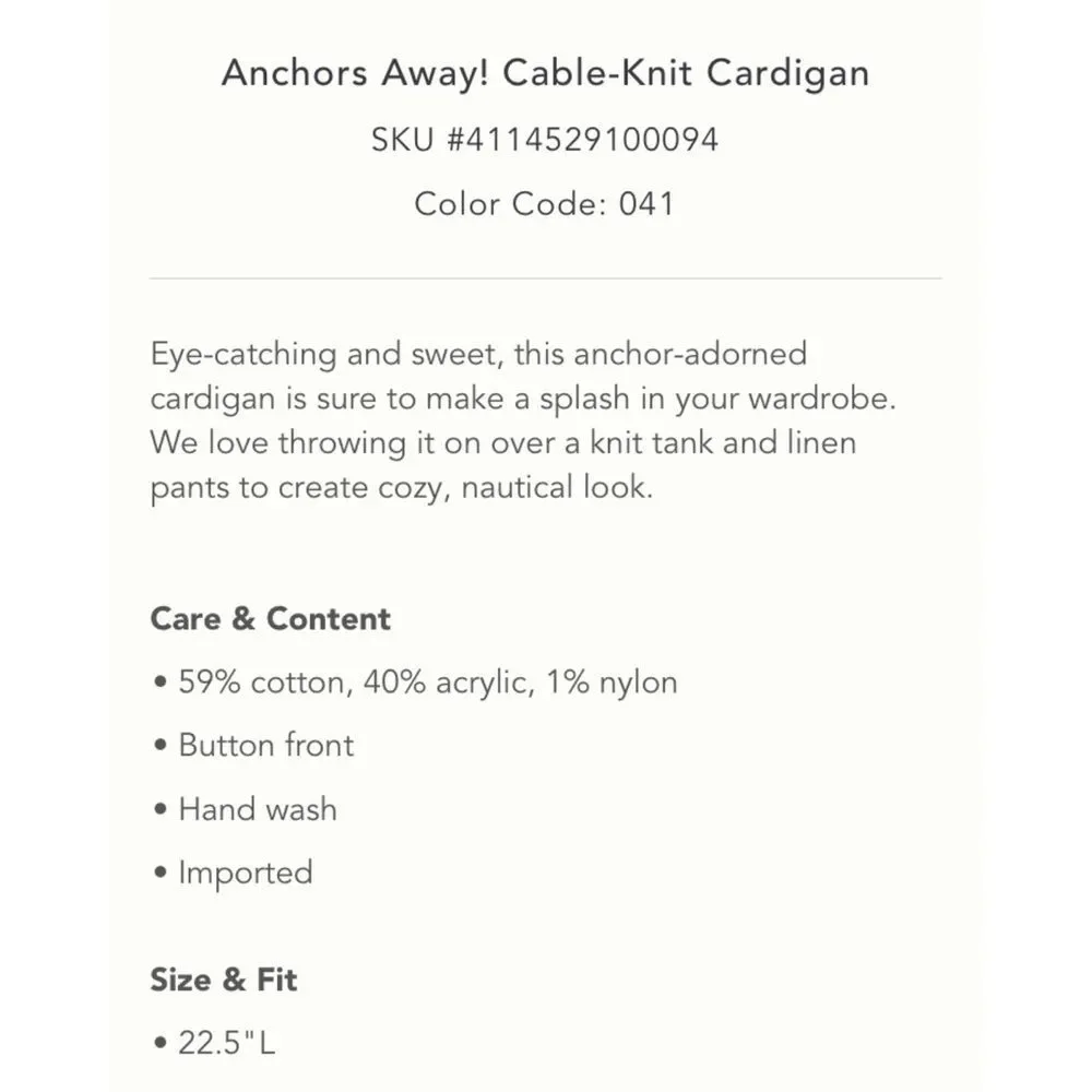Anchors Away! Cableknit Cardigan NWT S - Picture 6 of 14
